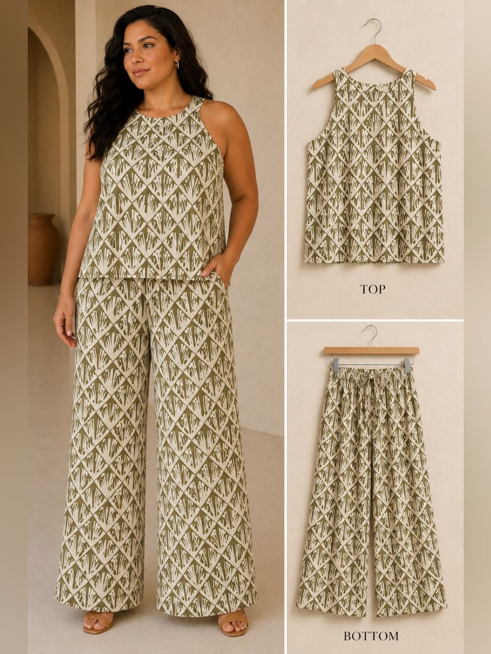 C&C California Olive Geo-Print Wide 2pc Set Linen Blend